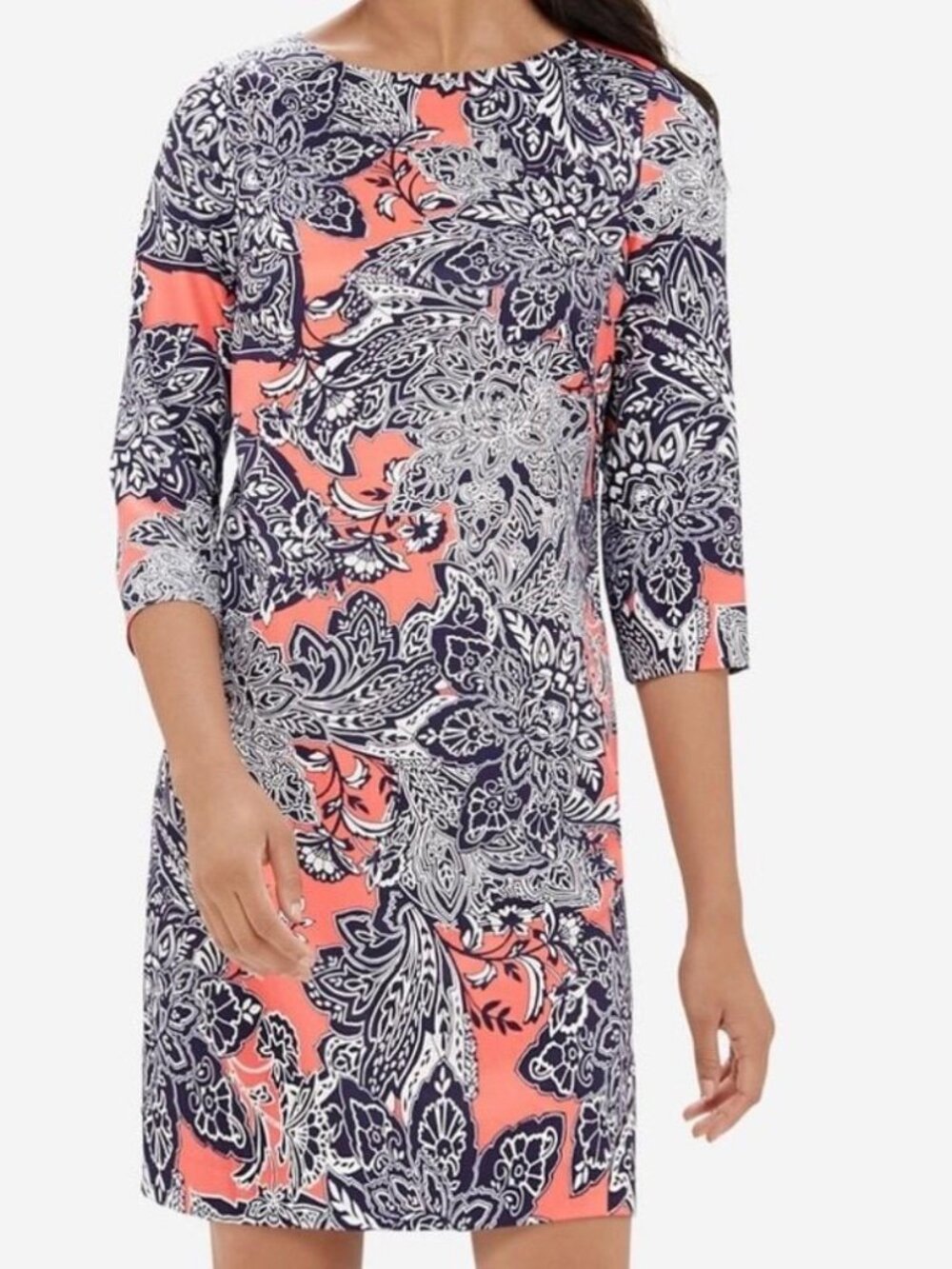 * The Limited Shift Paisley Coral & Blue 3/4 Sleeve Polyester Lined Dress Small